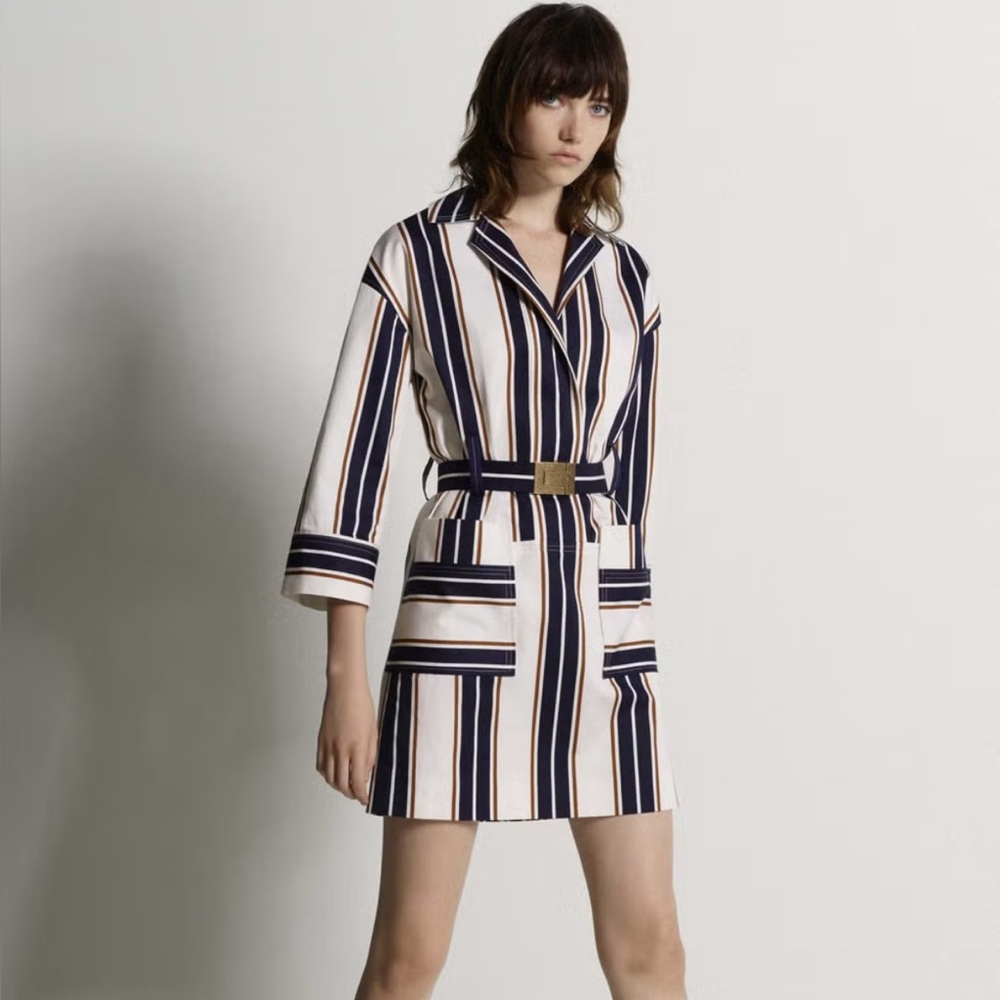 Tory Burch Aubrey Shirtdress – Navy Striped Belted Mini Dress  size Small
